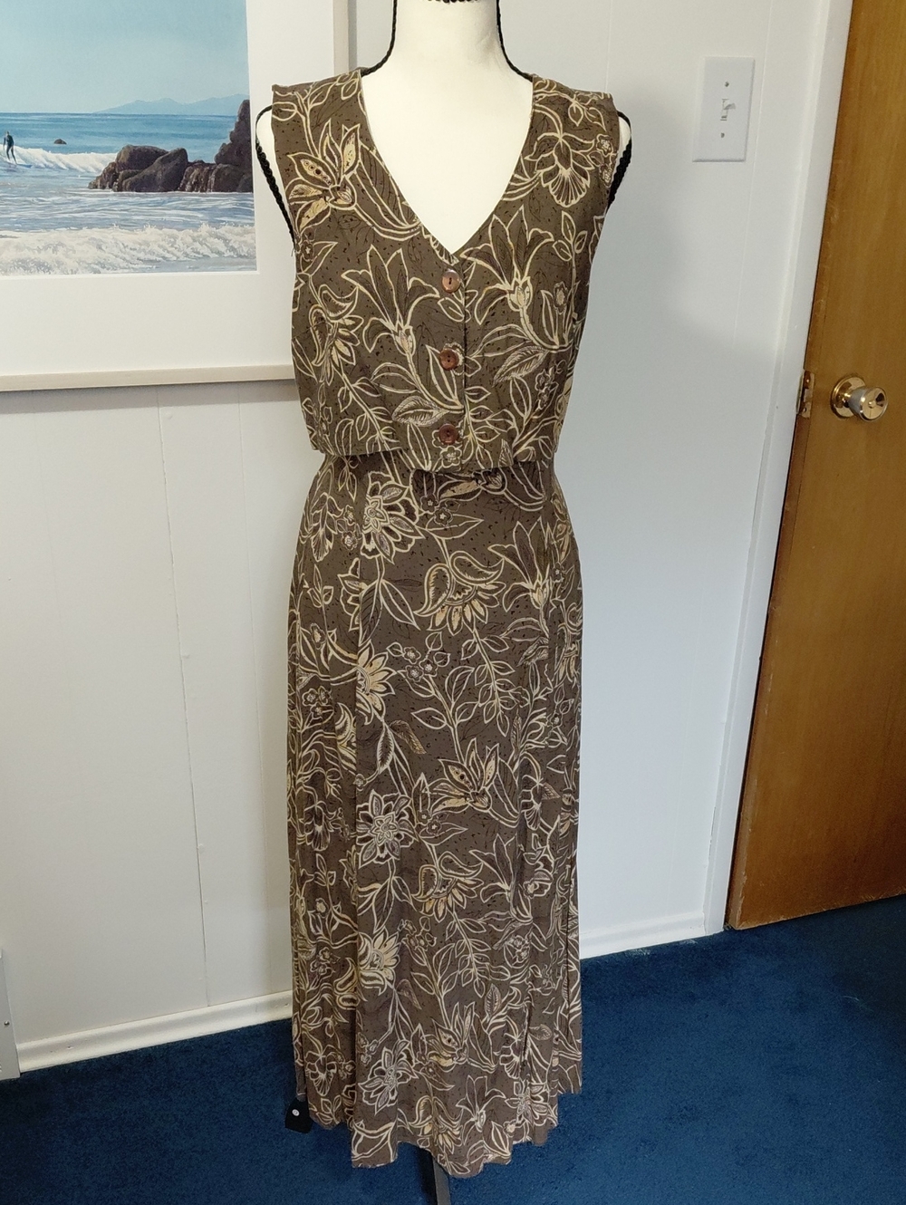 Vintage 90s Brown Floral Vest Maxi Dress - Timeless Everyday Style